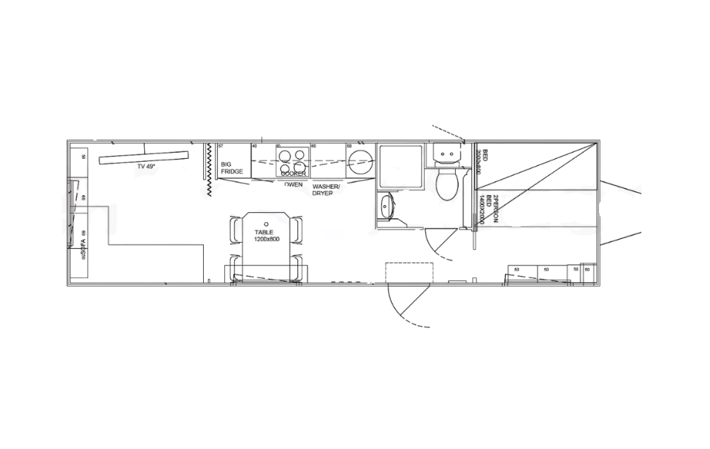 Plattegrond van de 900 Flex mobiele woonunit